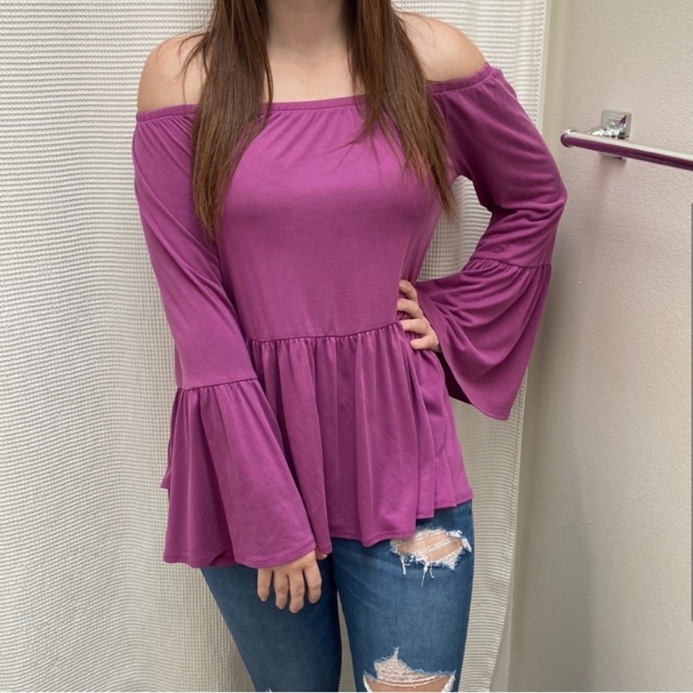 Women’s Kimchi Blue Off-The-Shoulder pink/purple flowy long-sleeves blouse. Sz S - Picture 2 of 8